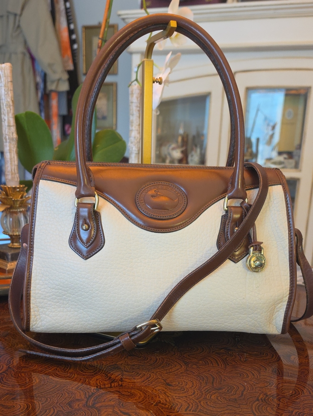 Dooney & Bourke Cream and Brown Leather Satchel with Shoulder Strap
